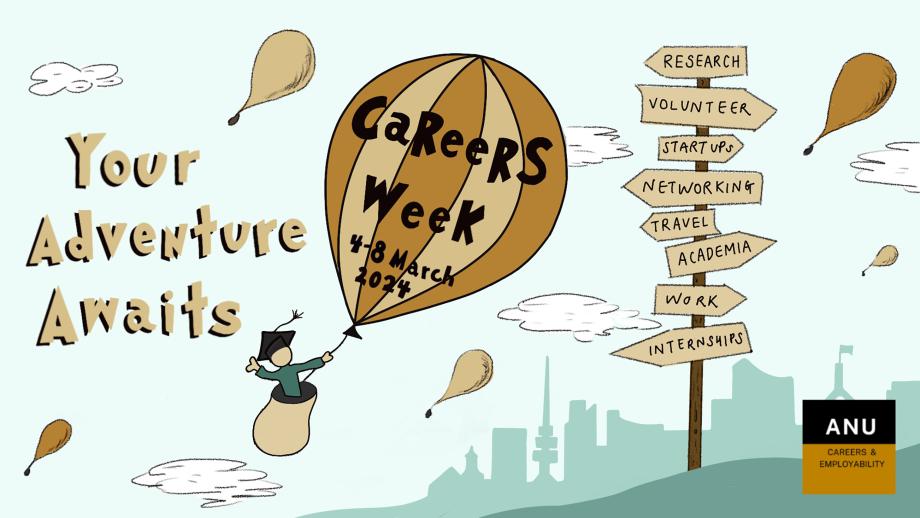 Careers Week 2024, character in a flying hot air balloon, with "your adventure awaits" next to it s 