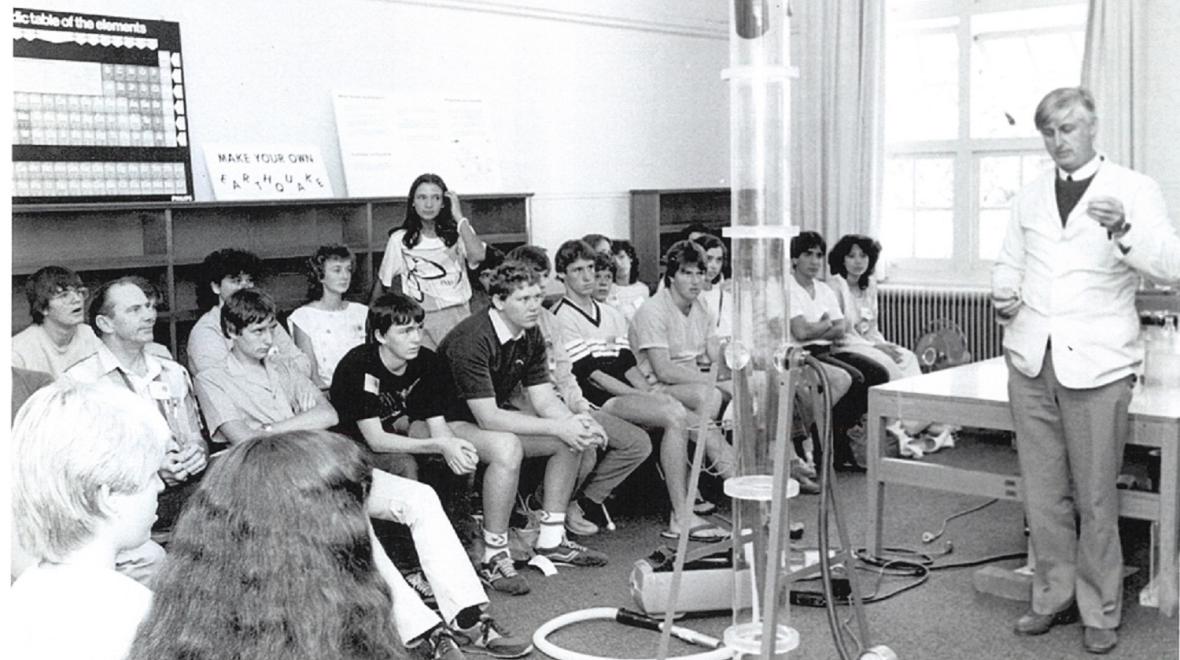 Professor Mike Gore (right) teaching a group of school students in the mid 80s. Photo: ANU
